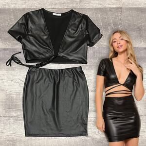 Timing Black Faux Leather Mini Skirt Set M Tie V Neck Crop Top Clubwear Baddie